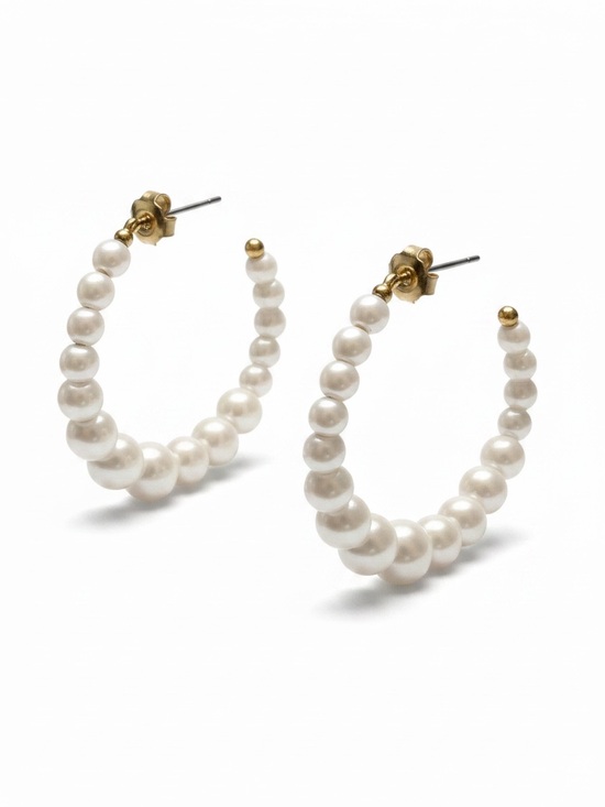 Jewelry - Chunky Gold Tone Faux Pearl Hoop Earrings